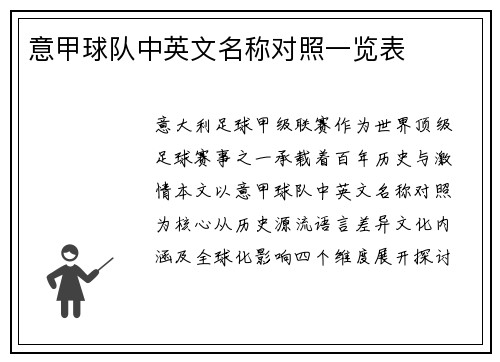 意甲球队中英文名称对照一览表
